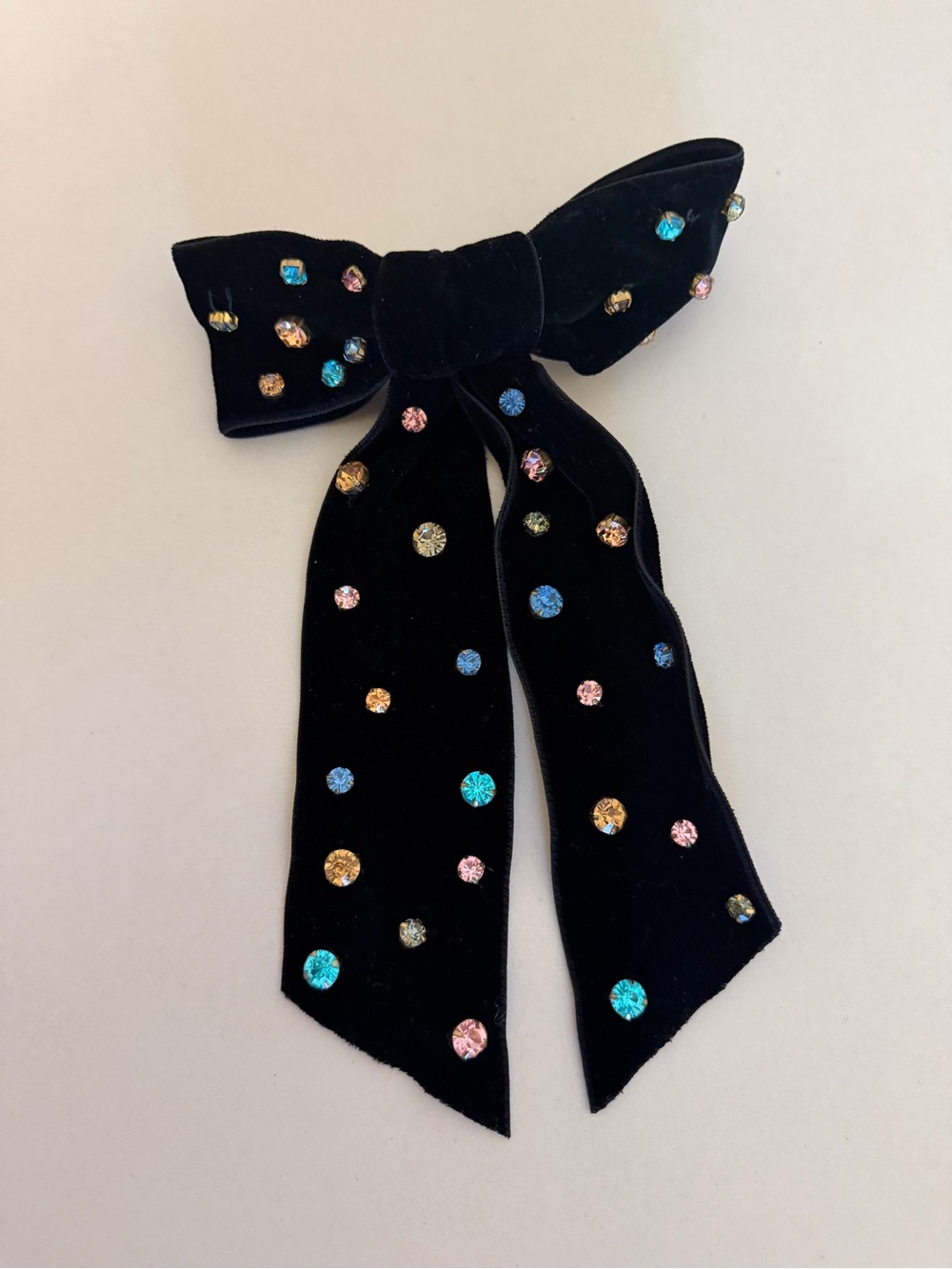 Jennifer Behr Black Velvet Bow Clip with Multicolor Gem Accents